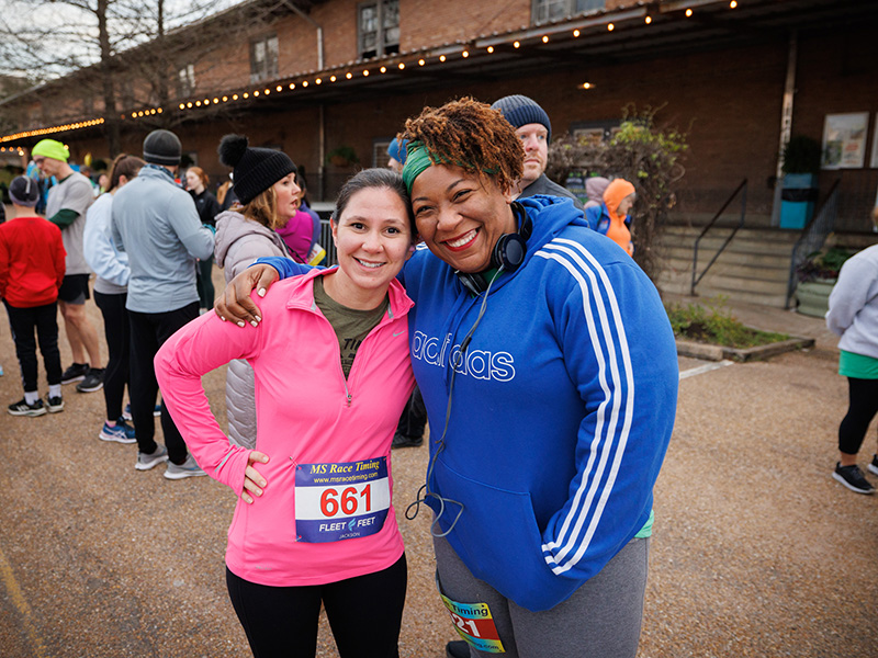 UMMC clinical pharmacy specialist Sara Jones, left, and pharmacy supervisor Jameika Stuckey are ready to run in Saturday's Run the Rainbow for Children's.